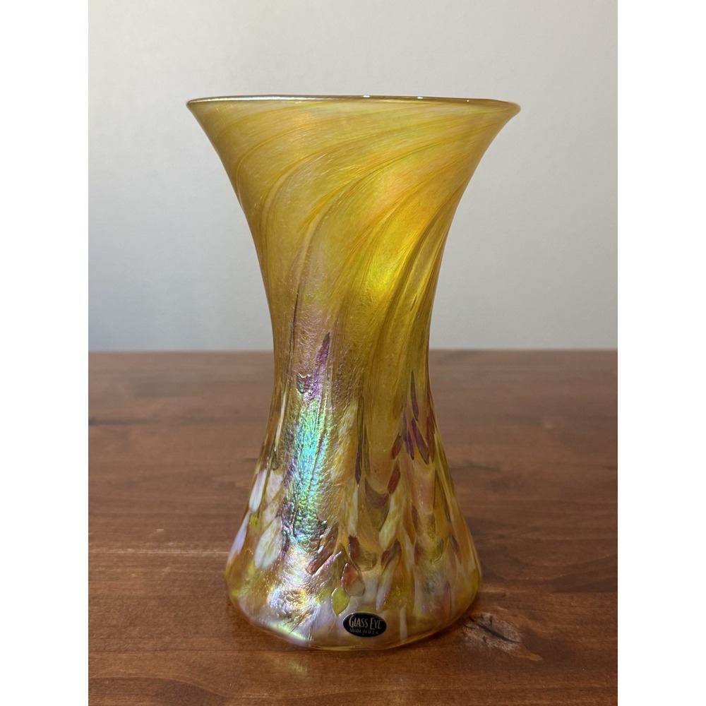 Vintage Art Glass Eye Studio Gold Iridescent Trumpet Vase 8.25" Tall Sticker USA